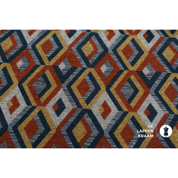 Veiling 2 september Coupon 459 Angora tricot met ruitjes in brique, geel en grijs 170 x 160 cm