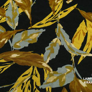 Veiling 2 september Coupon 583 Punta zwart met bladeren in geel met grijs 170 x 150 cm