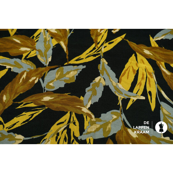 Veiling 2 september Coupon 583 Punta zwart met bladeren in geel met grijs 170 x 150 cm