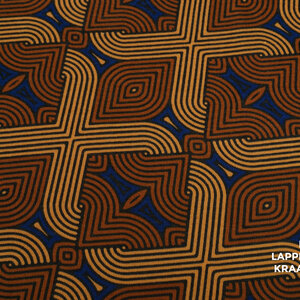 Gebreid met abstracte print in camel en kobalt