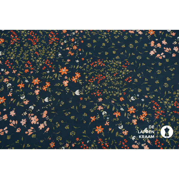 SALE Viscose stof in donkerblauw met mille fleur