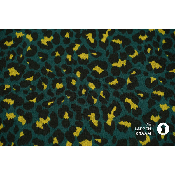 SALE Gebreide stof in luipaardprint petrol