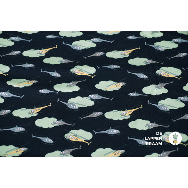 Tricot stof donkerblauw met helikopters