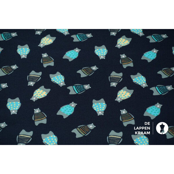 Katoenen tricot stof donkerblauw met grijze beren