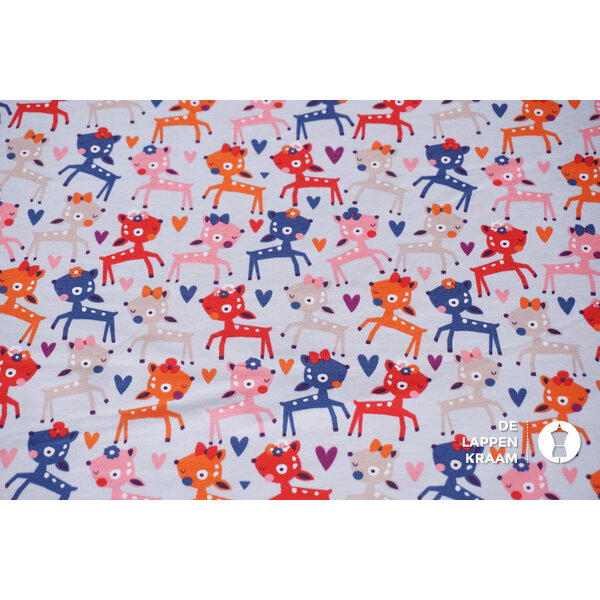 Katoenen tricot lichtgrijs met kleurrijke hertjes