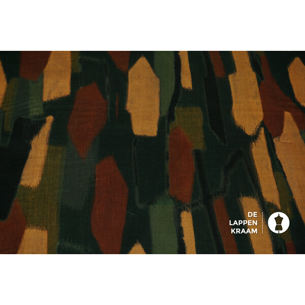 Veiling 2 september Coupon 726 Viscose met vegen in groentinten met camel en brique 180 x 145cm