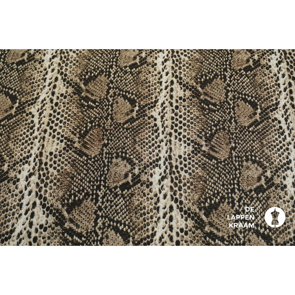 Tricot stof in beige slangenprint met lurex