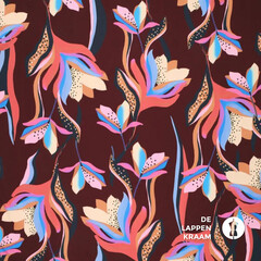  Stretch viscose bordeauxrood met felgekleurde tulpen