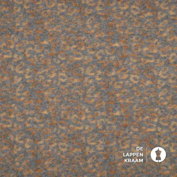 Gekookte wol stof grijs met bruine panterprint