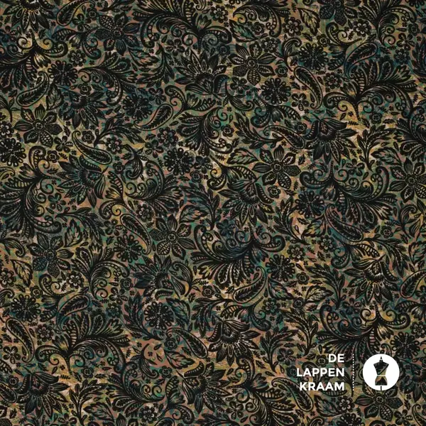 Viscose tricot stof in groentinten met bloemenprint