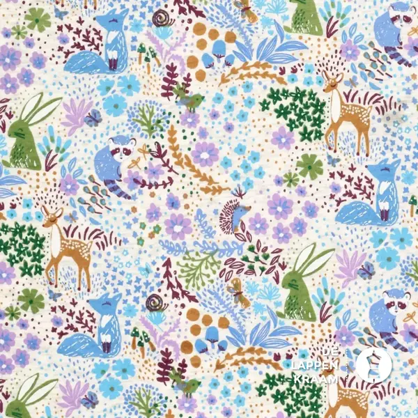 Fleecejogging stof lichtgrijs met dieren en bloemetjes