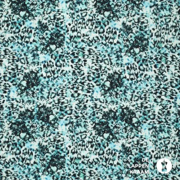 Viscose stof met abstracte dierenprint blauw groen met lurex