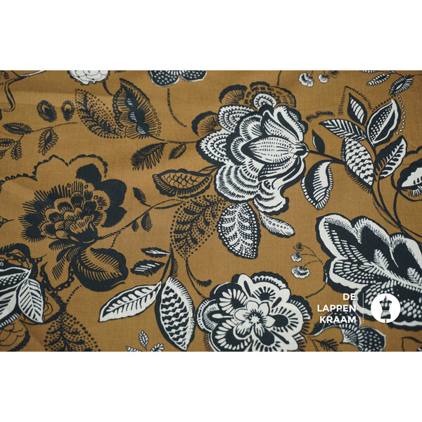 Katoen stof camel met bloemenprint