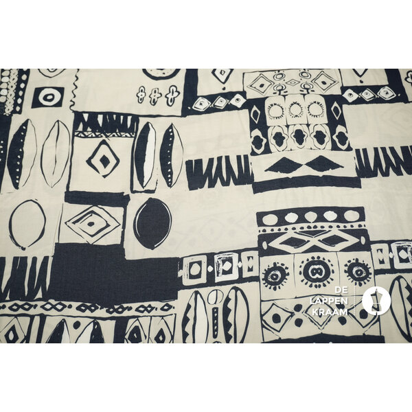 Viscose beige met donkerblauwe abstracte print
