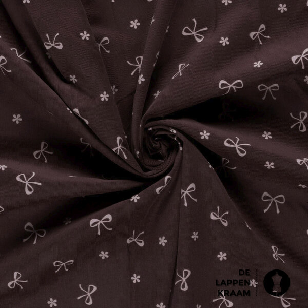 Baby ribfluweel aubergine met roze strikjes