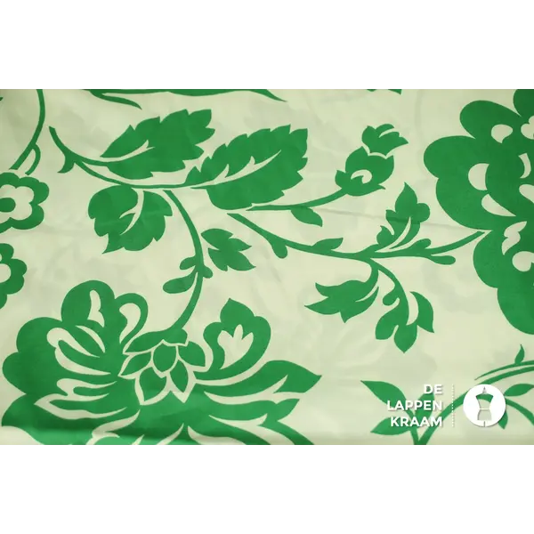 Popeline stof in spierwit met felgroen fantasiedessin