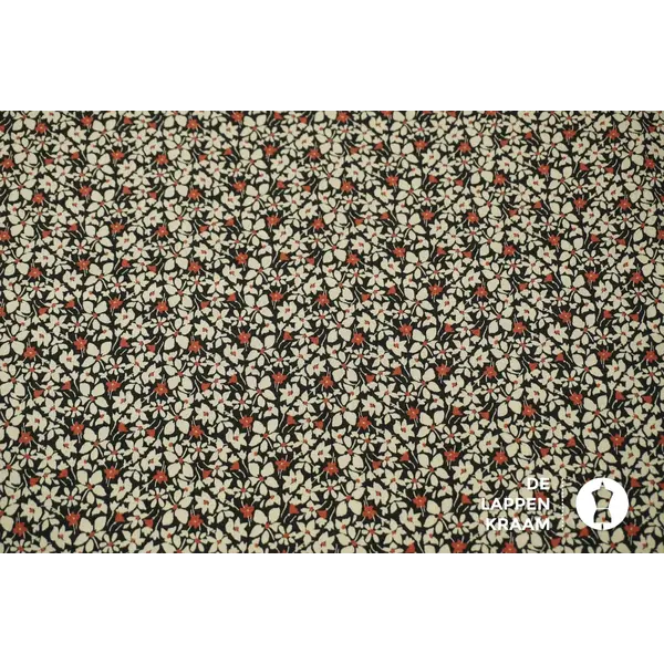 Viscose crepe stof zwart met beige bloemetjes