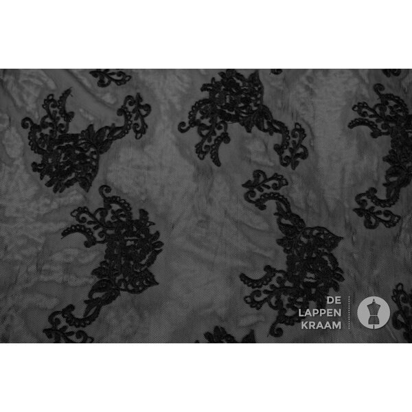 Zwart stretch kant stof in bloemenpatroon