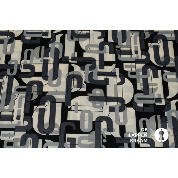 Satijn stof in grijstinten met letterprint