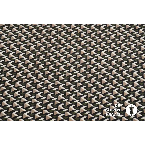 Travelstof met dessin van driehoekjes in zwart, ecru en groen