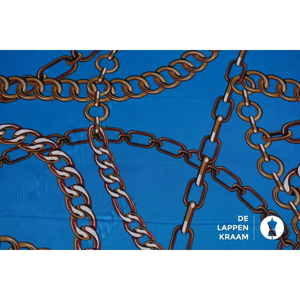 SALE Satijn in blauw met dessin van grote schakels