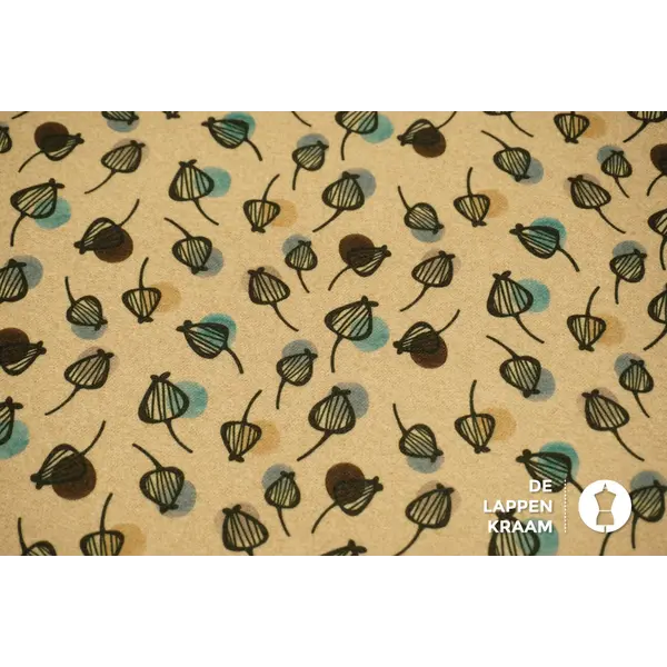 Mantelstof beige met gestyleerde blaadjes