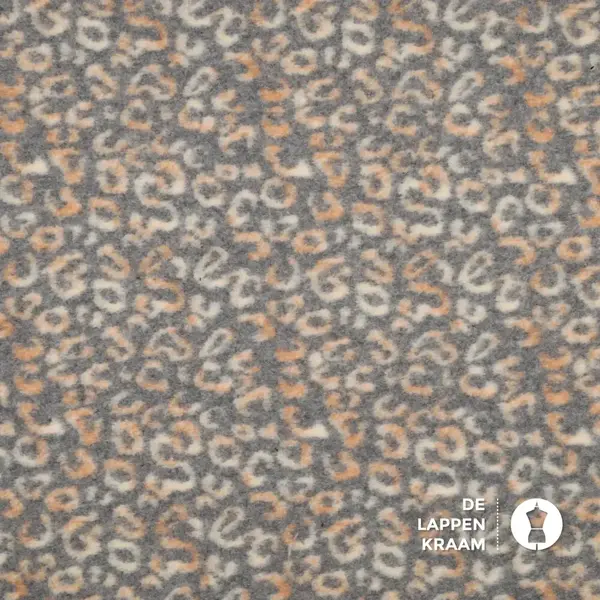 Coupon 11 Gekookte wol stof grijs met witte panterprint 100 x 160 cm
