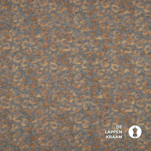 Coupon 225 Gekookte wol stof grijs met bruine panterprint 100 x 160 cm
