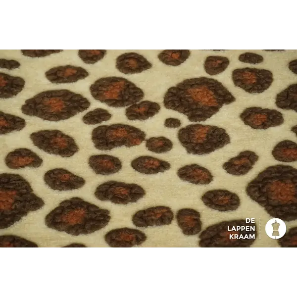 Coupon 258 Gekookte wol stof met 3d panterprint ecru 100 x 160 cm