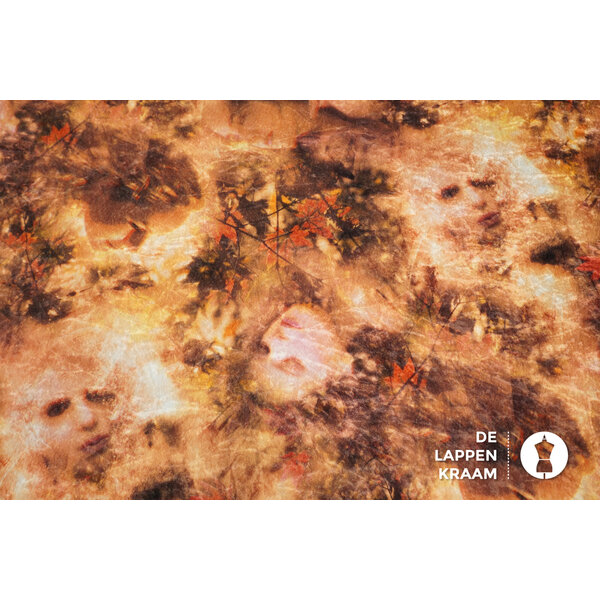 Stretch velours stof in herfstprint met gezichten