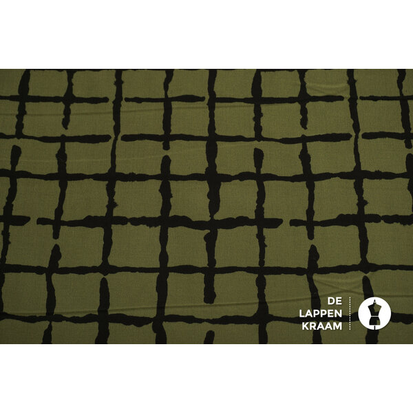 Stretchkatoens stof legergroen met zwarte ruit