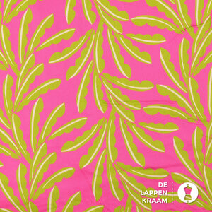  Satijn viscose stof in hardroze met groene blaadjes