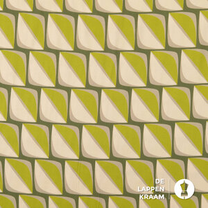  Satijn viscose stof met blokjesprint in groentinten