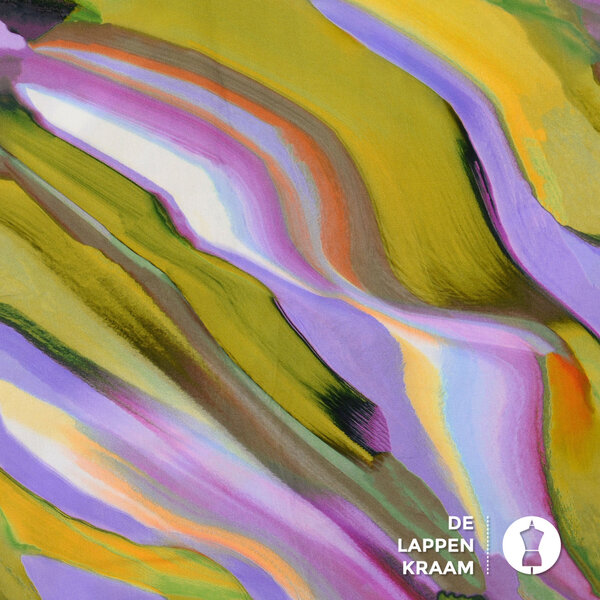 Viscose stof met diagonale strepenprint in groen- en paarstinten