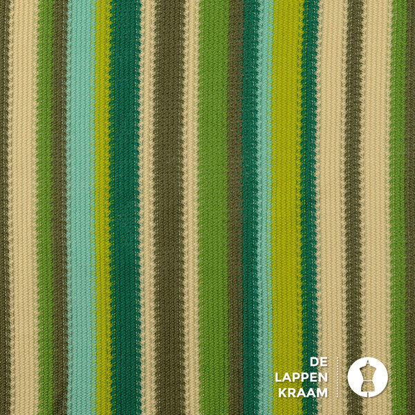 Gebreide stof met verticaal streeppatroon in groentinten
