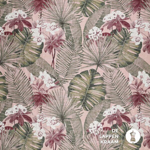  Glans viscose oudroze met jungle bladeren