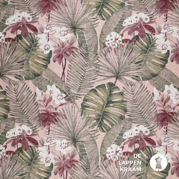 Glans viscose stof oudroze met jungle bladeren
