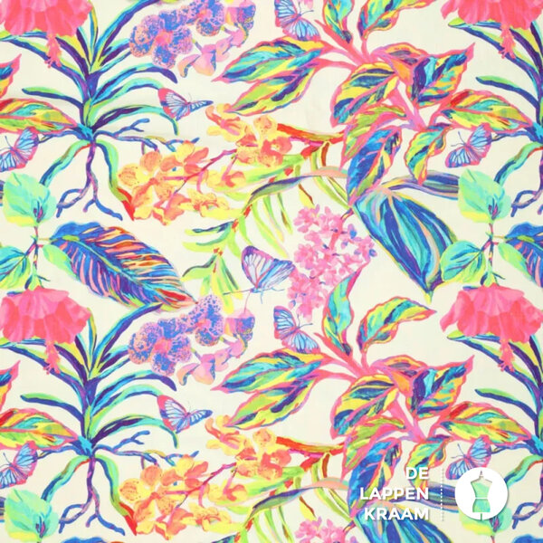 Linnenmix stof met dessin van felgekleurde junglebladeren