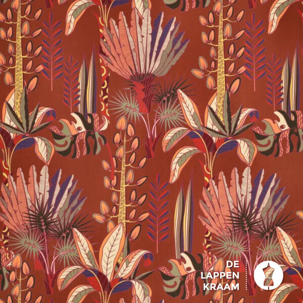 Viscose stof bruin met kleurrijke jungle print