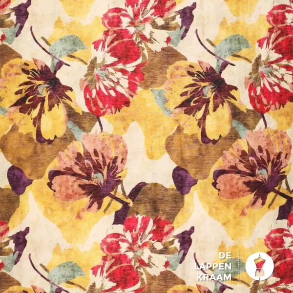 Viscosemix met glans in bloemdessin oker