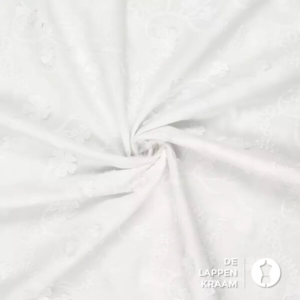 Broderie stof met opgestikte bloemetjes wit