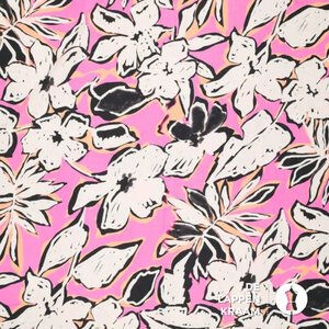  Linnenmix met dessin van grote bloemen op knalroze ondergrond