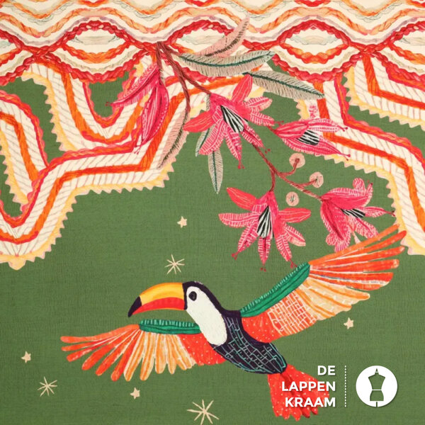 Viscose twill stof met grote toekan print  groen