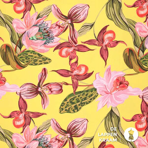  Viscose geel met gestyleerde bloemen