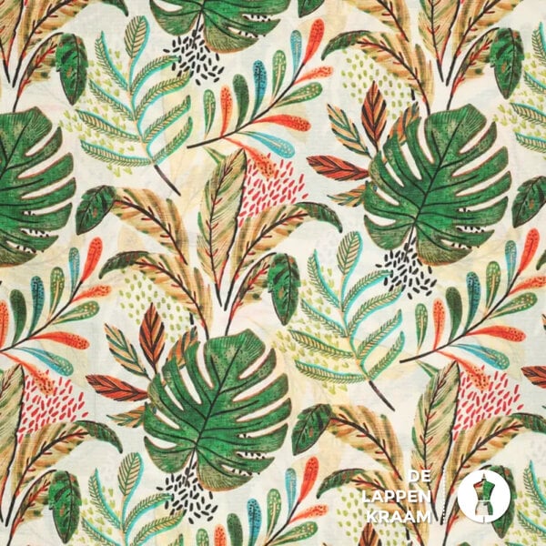 Viscosemix ecru met grote groene bladeren en glanzende stipjes