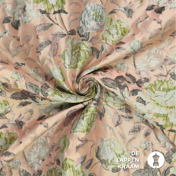 Jacquard stof in zalm en groen