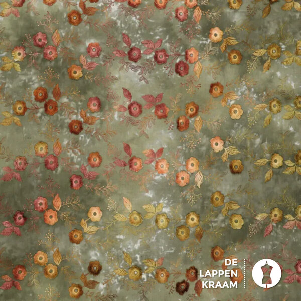 Katoen stof groene tie dye met geborduurde bloemen