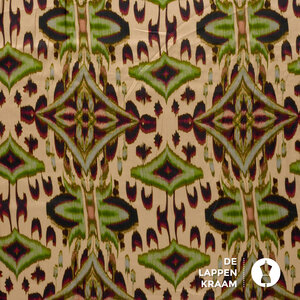  Viscose satijn met tribal dessin gele ondergrond