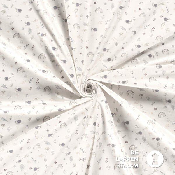 Tricot stof gebroken wit met slakken en blaadjes