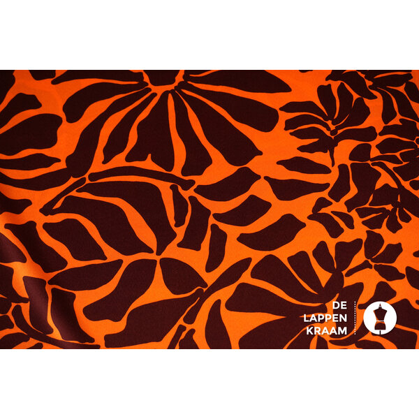 A la Ville Satijn stof oranje met abstracte bruine bladeren